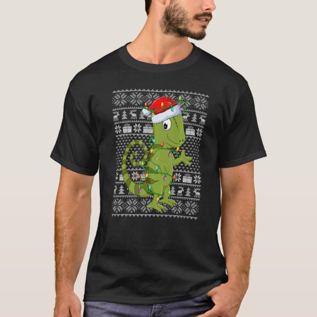 T-shirt Ugly Sweater Style Xmas Lights Santa Chameleon Chr (Devant)