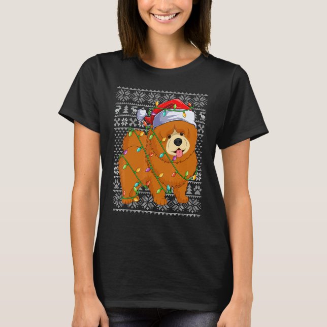 T-shirt Ugly Sweater Style Xmas Lights Santa Chow Chow Dog (Devant)