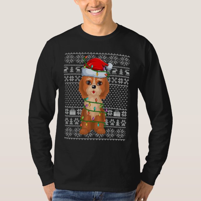 T-shirt Ugly Sweater Style Xmas Lights Santa Cockapoo Dog  (Devant)