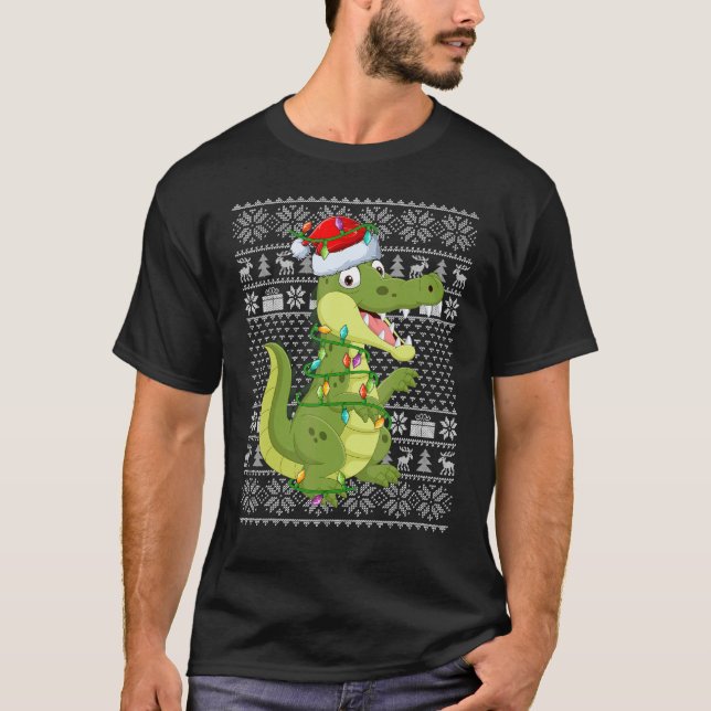 T-shirt Ugly Sweater Style Xmas Lights Santa Crocodile Chr (Devant)
