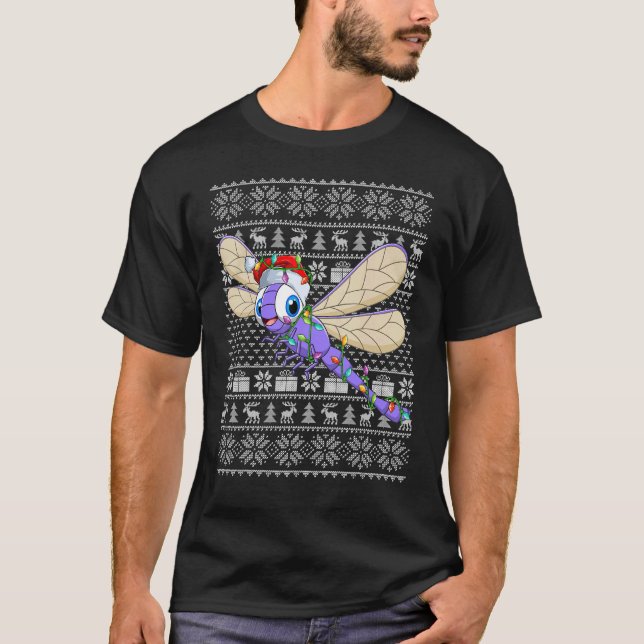 T-shirt Ugly Sweater Style Xmas Lights Santa Dragonfly Chr (Devant)