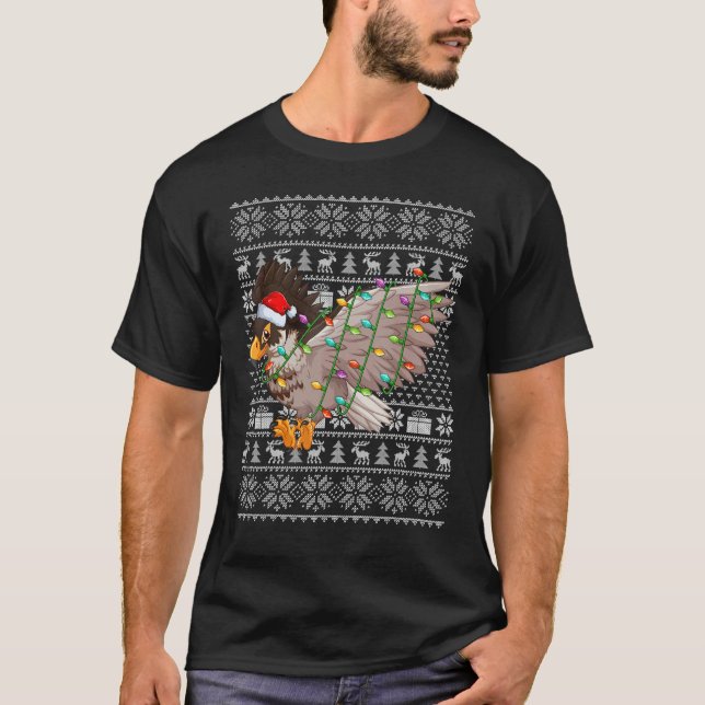 T-shirt Ugly Sweater Style Xmas Lights Santa Hawk Bird Chr (Devant)