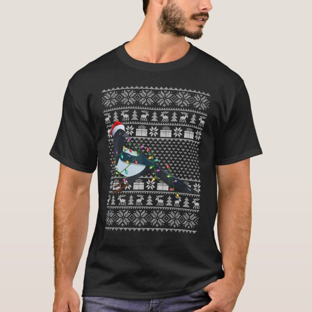 T-shirt Ugly Sweater Style Xmas Lights Santa Magpie Bird C (Devant)