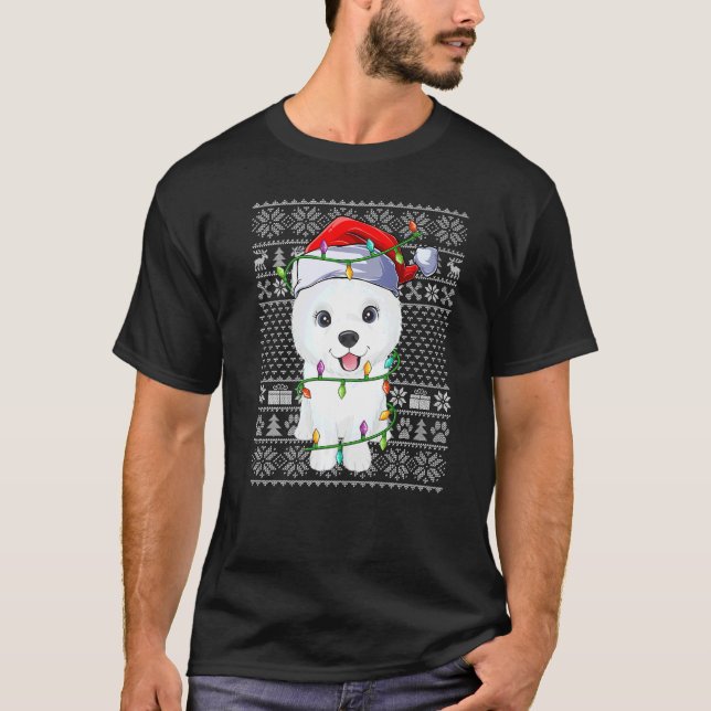 T-shirt Ugly Sweater Style Xmas Lights Santa Samoyed Dog C (Devant)