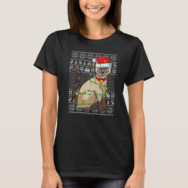 T-shirt Ugly Sweater Style Xmas Lights Santa Siamese Cat C (Devant)