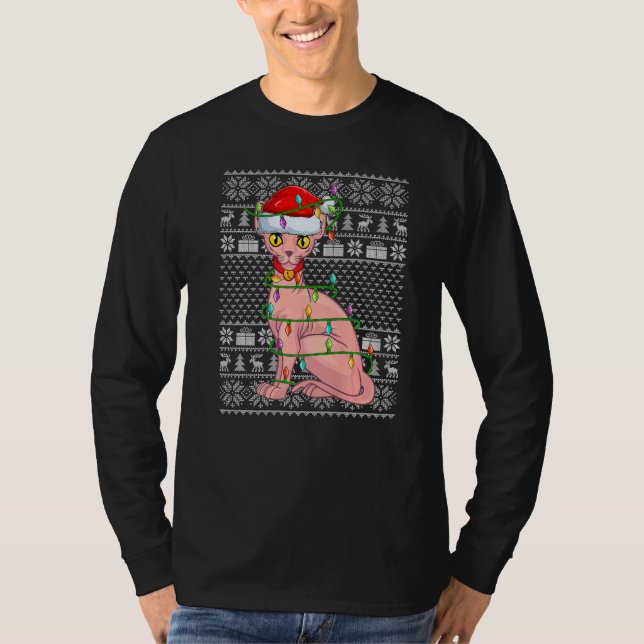 T-shirt Ugly Sweater Style Xmas Lights Santa Sphynx Cat Ch (Devant)