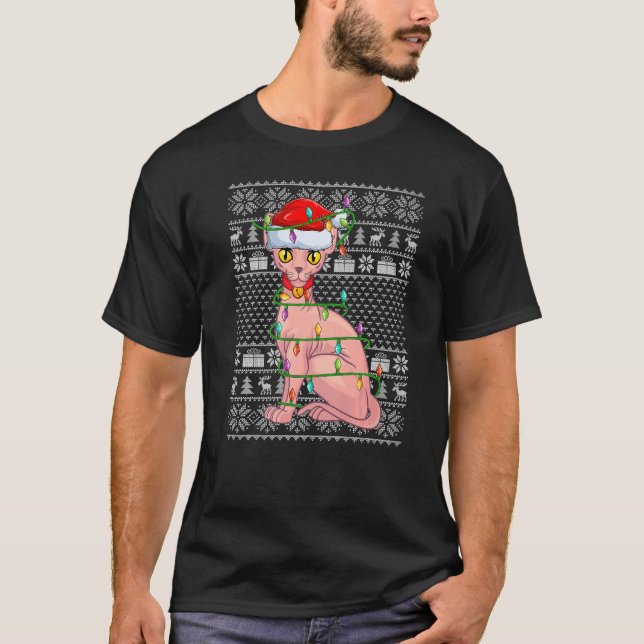 T-shirt Ugly Sweater Style Xmas Lights Santa Sphynx Cat Ch (Devant)