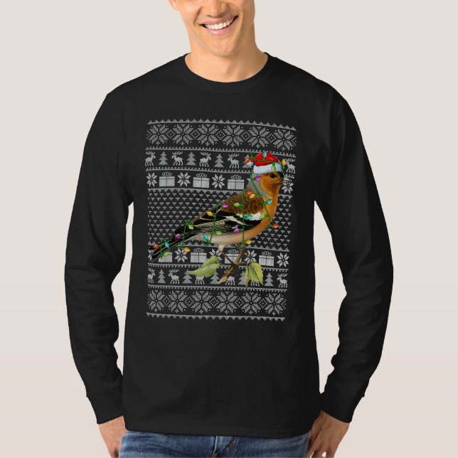 T-shirt Ugly Sweater Style Xmas Lights Santa Wren Bird Chr (Devant)