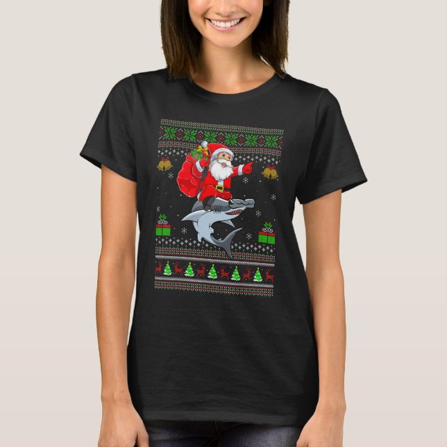 T-shirt Ugly Xmas Santa Riding Hammerhead Shark Fish Chris (Devant)