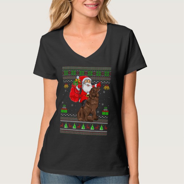 T-shirt Ugly Xmas Santa Riding Newfoundland Dog Christmas (Devant)