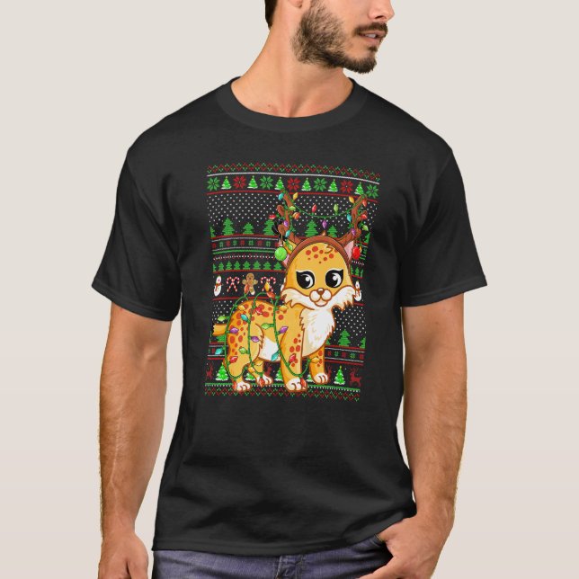 T-shirt Ugly Xmas Sweater Style Lighting Bobcat Christmas (Devant)