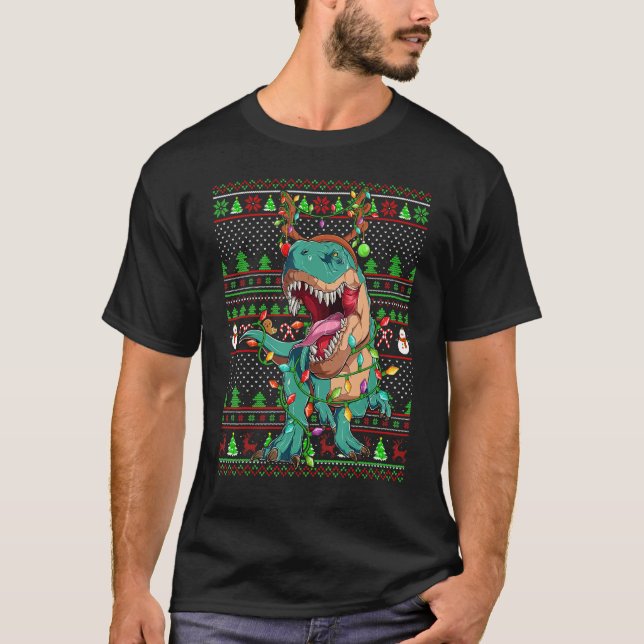 T-shirt Ugly Xmas Sweater Style Lighting Dinosaur Christma (Devant)