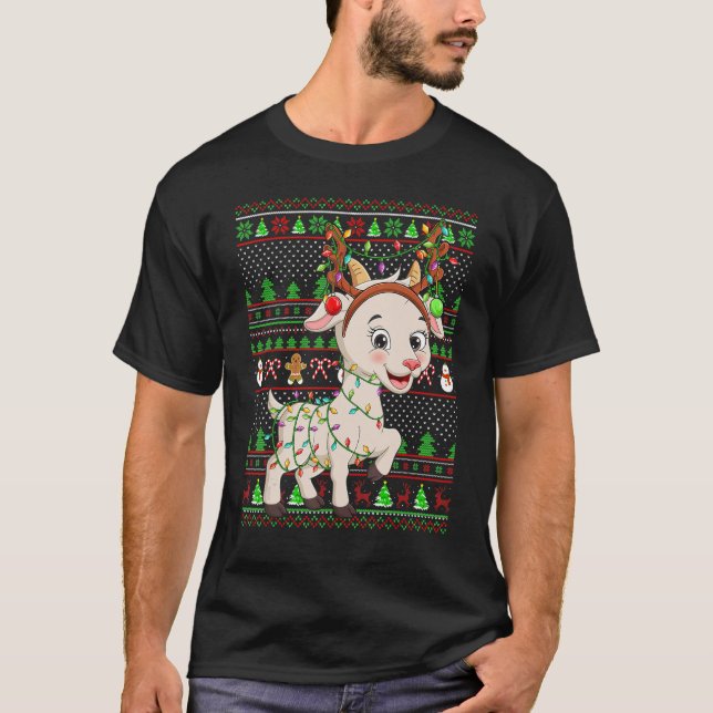 T-shirt Ugly Xmas Sweater Style Lighting Goat Christmas (Devant)