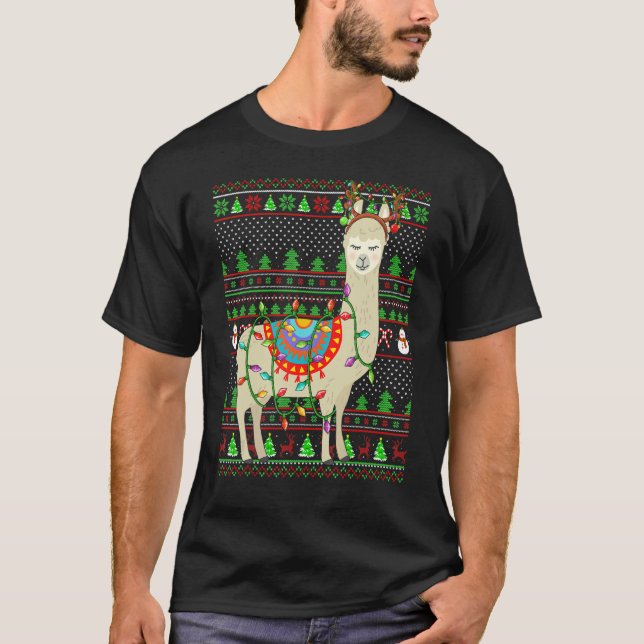 T-shirt Ugly Xmas Sweater Style Lighting Llama Christmas (Devant)