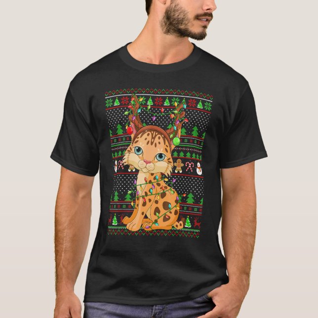 T-shirt Ugly Xmas Sweater Style Lighting Lynx Christmas (Devant)