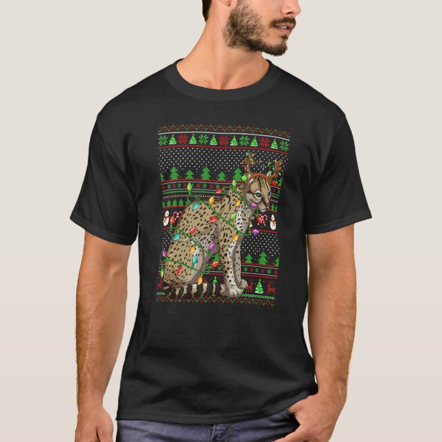 T-shirt Ugly Xmas Sweater Style Lighting Ocelot Christmas  (Devant)