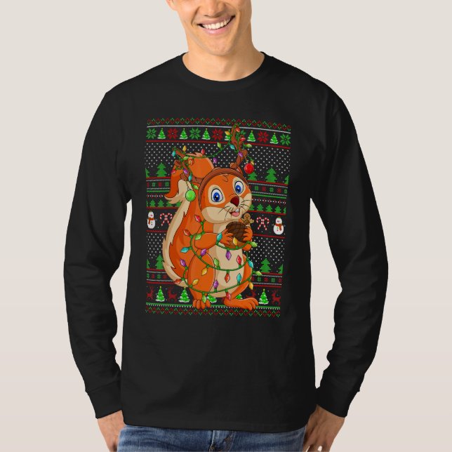 T-shirt Ugly Xmas Sweater Style Lighting Squirrel Christma (Devant)