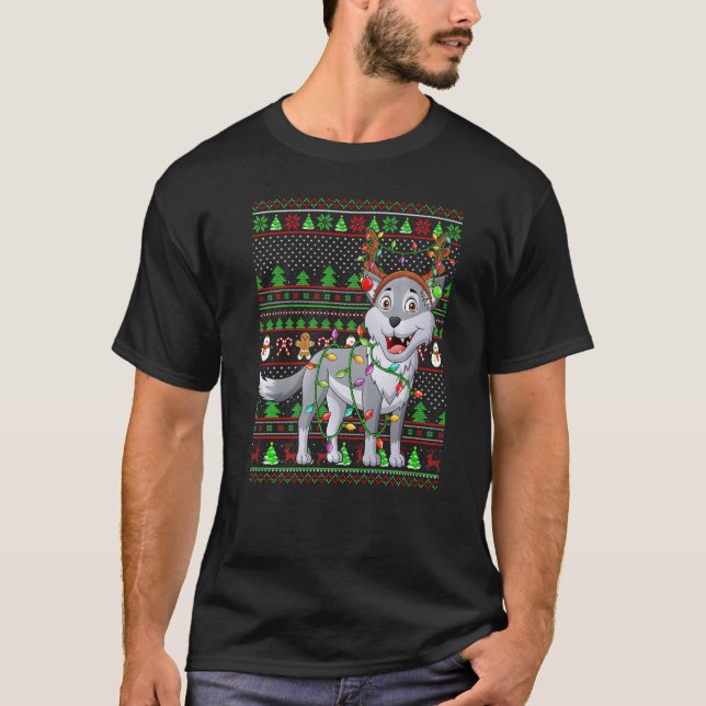 T-shirt Ugly Xmas Sweater Style Lighting Wolf Christmas   (Devant)