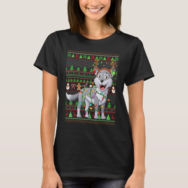 T-shirt Ugly Xmas Sweater Style Lighting Wolf Christmas (Devant)