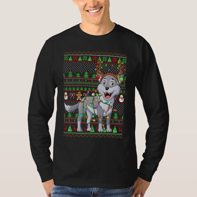 T-shirt Ugly Xmas Sweater Style Lighting Wolf Christmas (Devant)