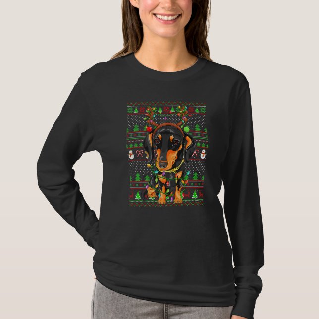 T-shirt Ugly Xmas Sweater Style Lights Dachshund Dog Chris (Devant)