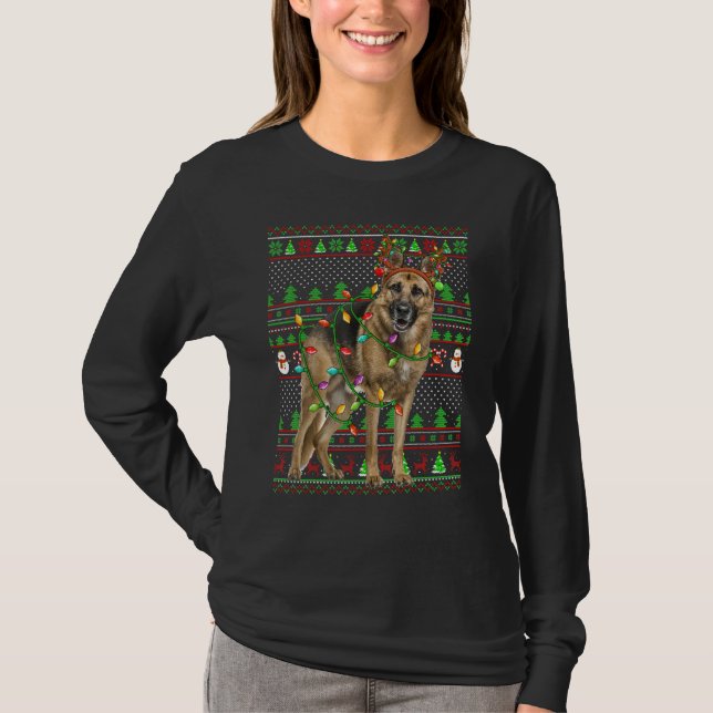 T-shirt Ugly Xmas Sweater Style Lights German Shepherd Dog (Devant)