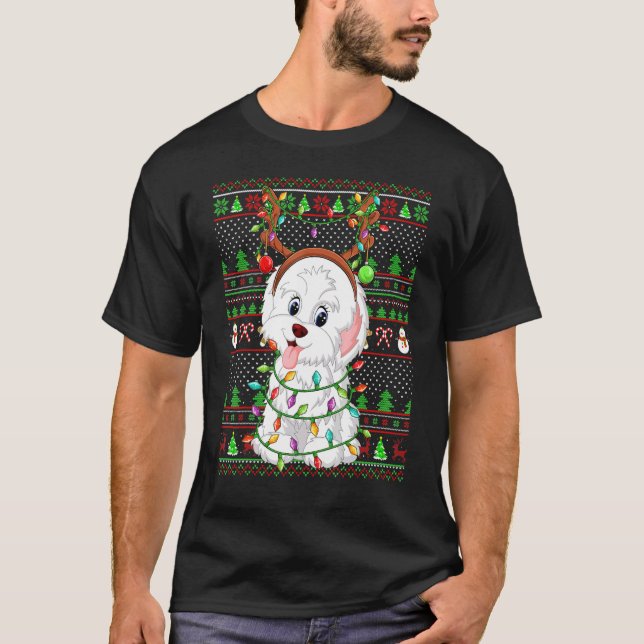 T-shirt Ugly Xmas Sweater Style Lights Havanese Dog Christ (Devant)