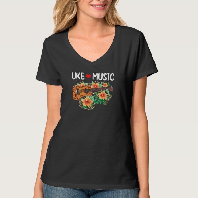 T-shirt Ukulele Music Love Guitar Flowers Hawaii (Devant)