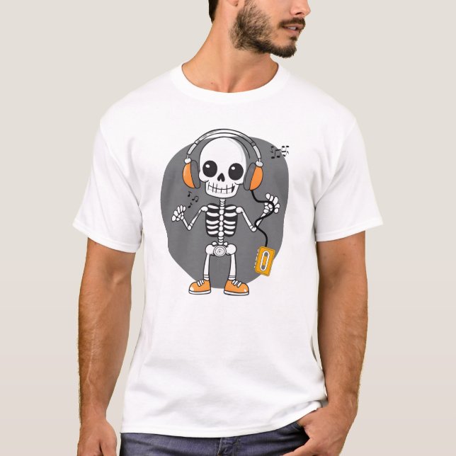 T-shirt Um esqueleto cômico ouvindo música retro (Devant)