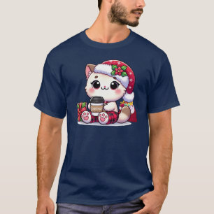 T-shirt Un adorable chat Kawaii de Noël Boire du café