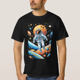 T-shirt Un astronaute perdu dans l'espace entouré de planè