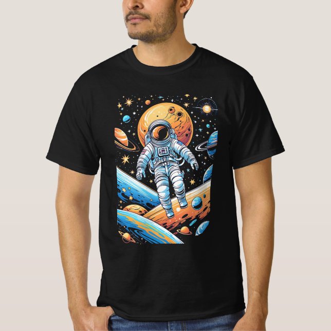 T-shirt Un astronaute perdu dans l'espace entouré de planè (Devant)