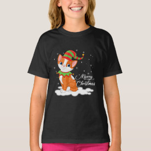 T-shirt Un chat de Noël avec un cadeau de Casquette d'elf