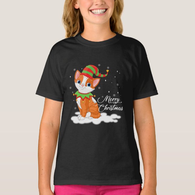 T-shirt Un chat de Noël avec un cadeau de Casquette d'elfe (Devant)