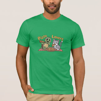 T-shirt Un chat et une tortue adorent manger de la pizza