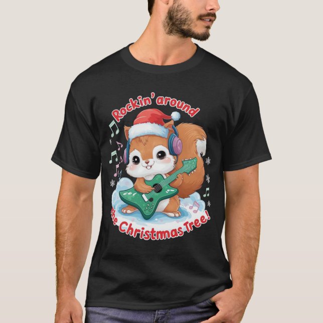 T-shirt Un écureuil qui roche une guitare d'arbre de Noël  (Devant)