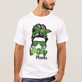 T-shirt Un Lucky Mama Messy Bun Leopard St Patrick's Day