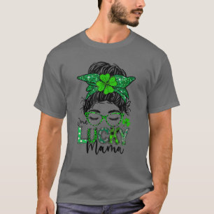 T-shirt Un Lucky Mama St Patrick's Day Messy Bun Leopard