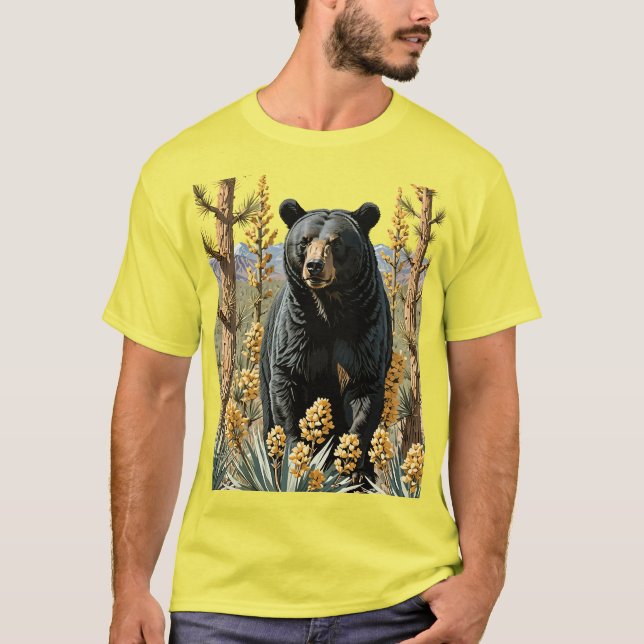 T-shirt Un Ours Noir Entouré De Fleur De Yucca 1 (Devant)