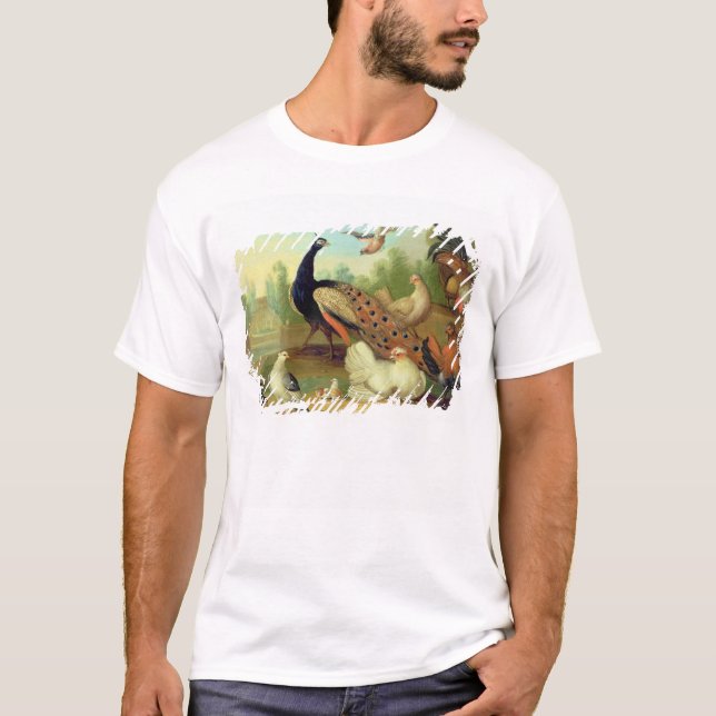 T-shirt Un paon, colombes, poulets et un geai en parc (Devant)