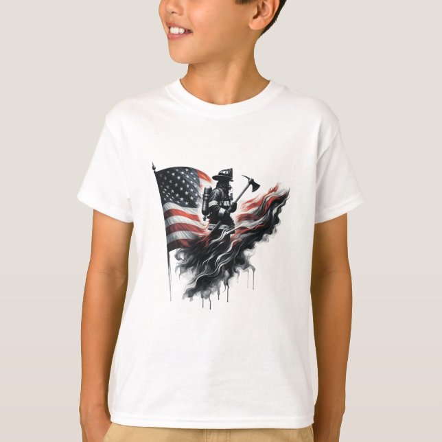 T-shirt Un pompier américain.Drapeau des Etats-Unis. (Devant)