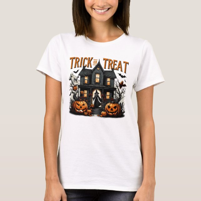 T-shirt Un tour éffrayant ou un régal dans une maison hant (Devant)