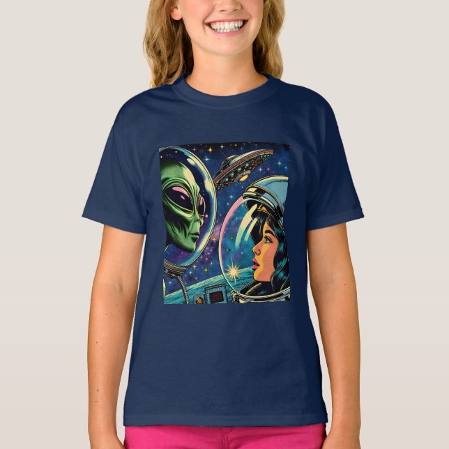 T-shirt Une astronaute rencontre un Alien extra-terrestre (Devant)
