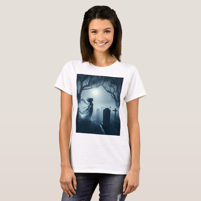 T-shirt une femme fantôme en robe blanche se tient devant (Devant entier)