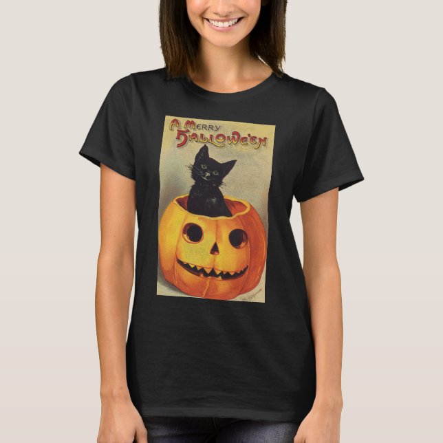 T-shirt Une joyeuse Halloween par Ellen Clapsaddle, Chat V (Devant)