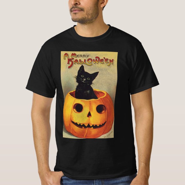 T-shirt Une joyeuse Halloween par Ellen Clapsaddle, Chat V (Devant)