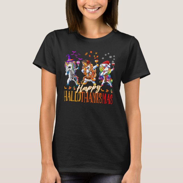 T-shirt Unicorn Dabbing Happy Hallothanksmas Cute family c (Devant)