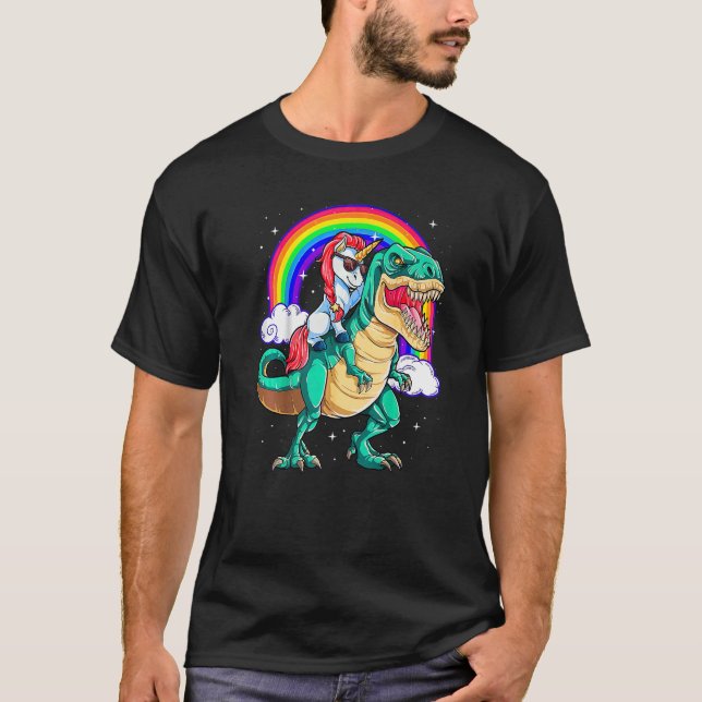 T-shirt Unicorn équitation rex Dinosaur garçons Filles Hom (Devant)
