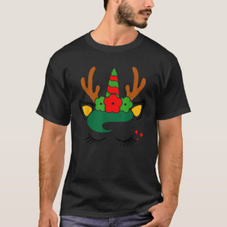 T-shirt Unicorn Reindeer Face with Flowers Wreath Cute Chr