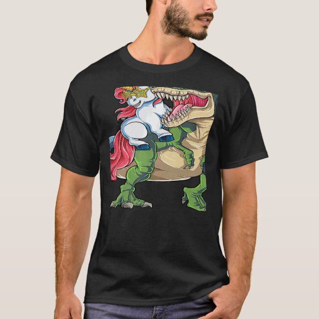 T-shirt Unicorn Riding rex Dinosaur Rainbow Boys Girls Tee (Devant)